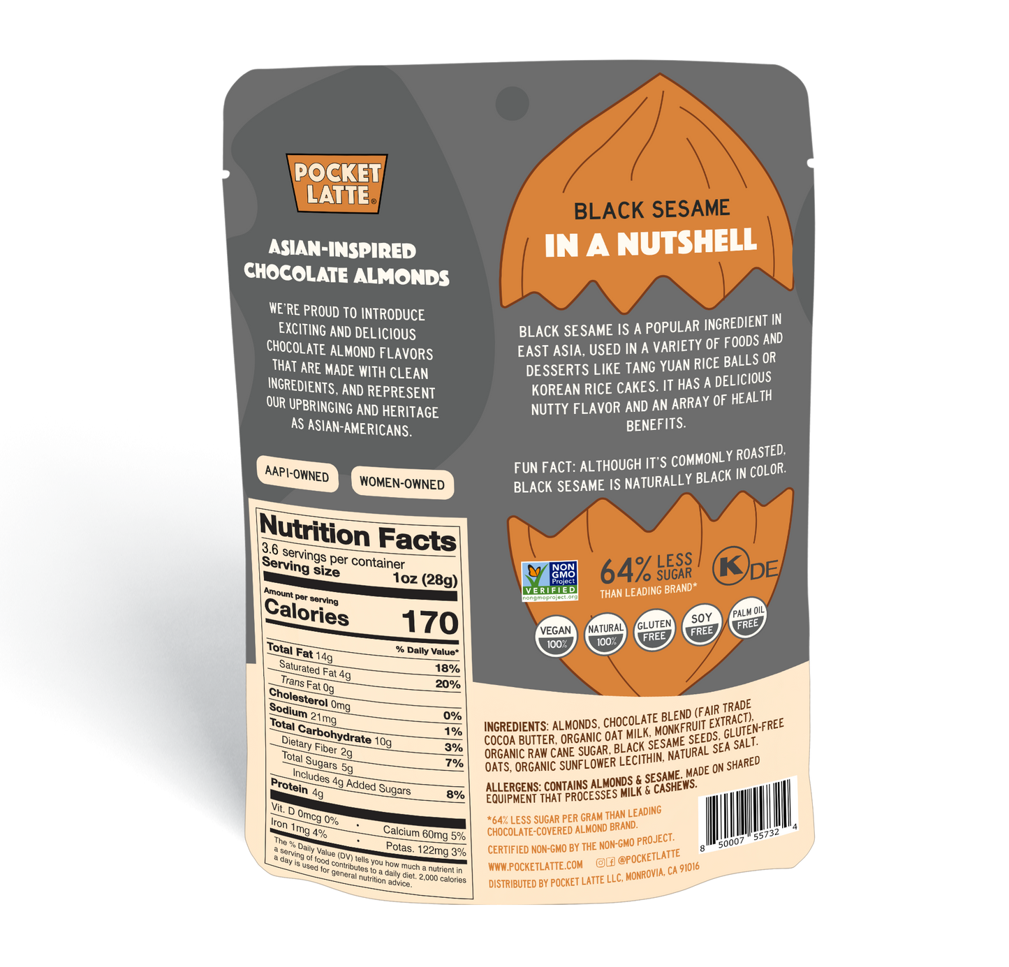Black Sesame Chocolate Almonds, 3.53 oz Standing Pouch